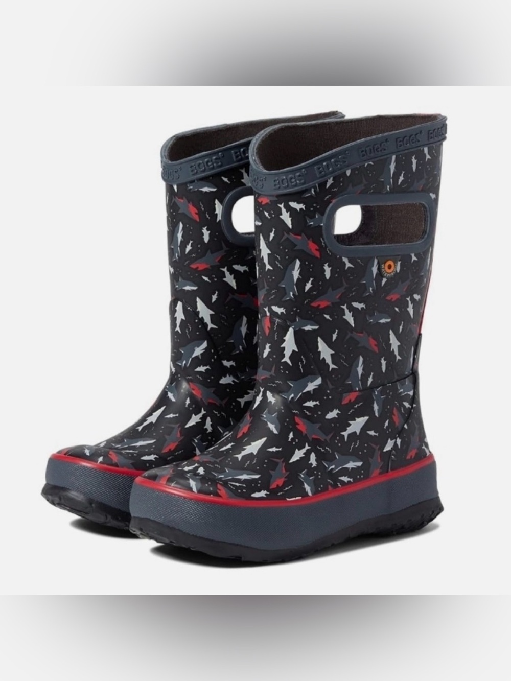 BOGS Shark Rain boots, Kids Size 13, Unisex, Waterproof Black/Gray/Red/White,GUC
